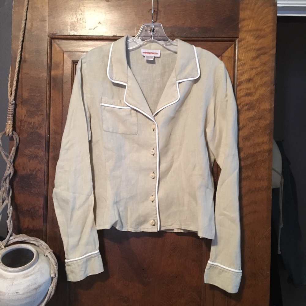 Long sleeved linen button front blouse.